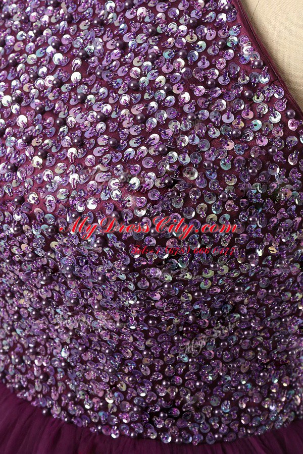 Halter Top Purple Sleeveless Knee Length Sequins Zipper Dress for Prom