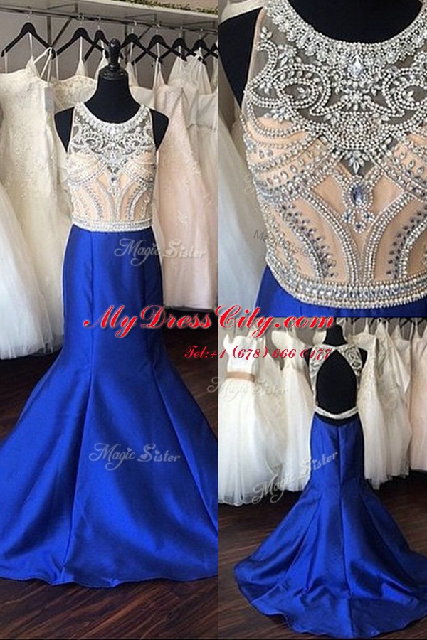 Royal Blue Mermaid Satin Scoop Sleeveless Beading Backless Homecoming Dress Sweep Train