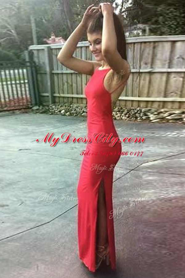 Traditional Red Mermaid Elastic Woven Satin Scoop Sleeveless Ruching Floor Length Backless Prom Party Dress