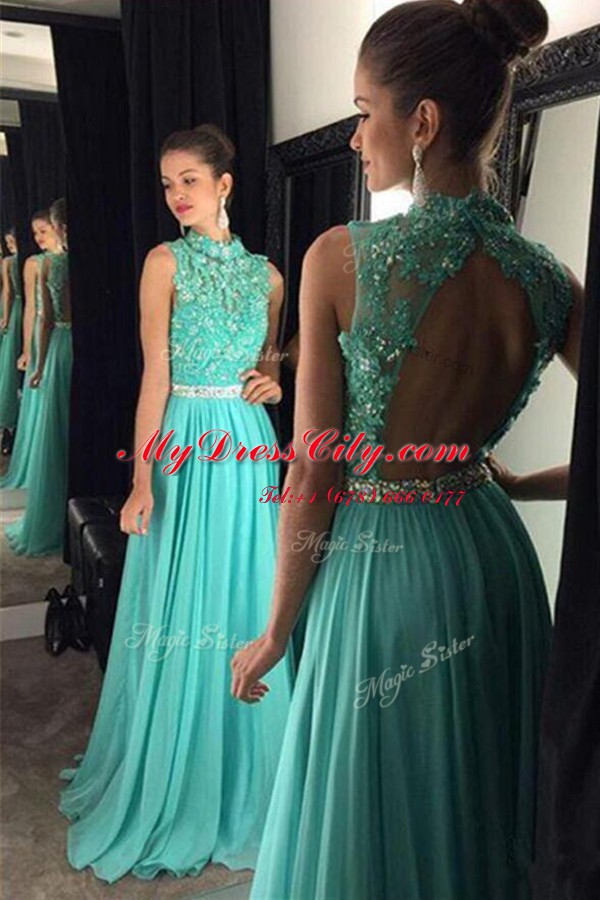 Cute Floor Length Turquoise Prom Gown Scoop Sleeveless Backless