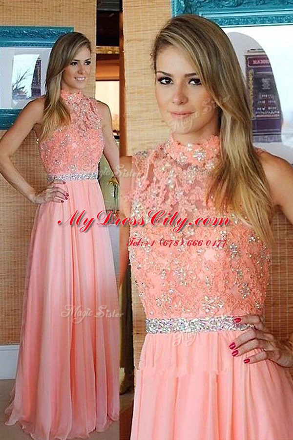 Fine Pink Sleeveless Chiffon Zipper for Prom and Party