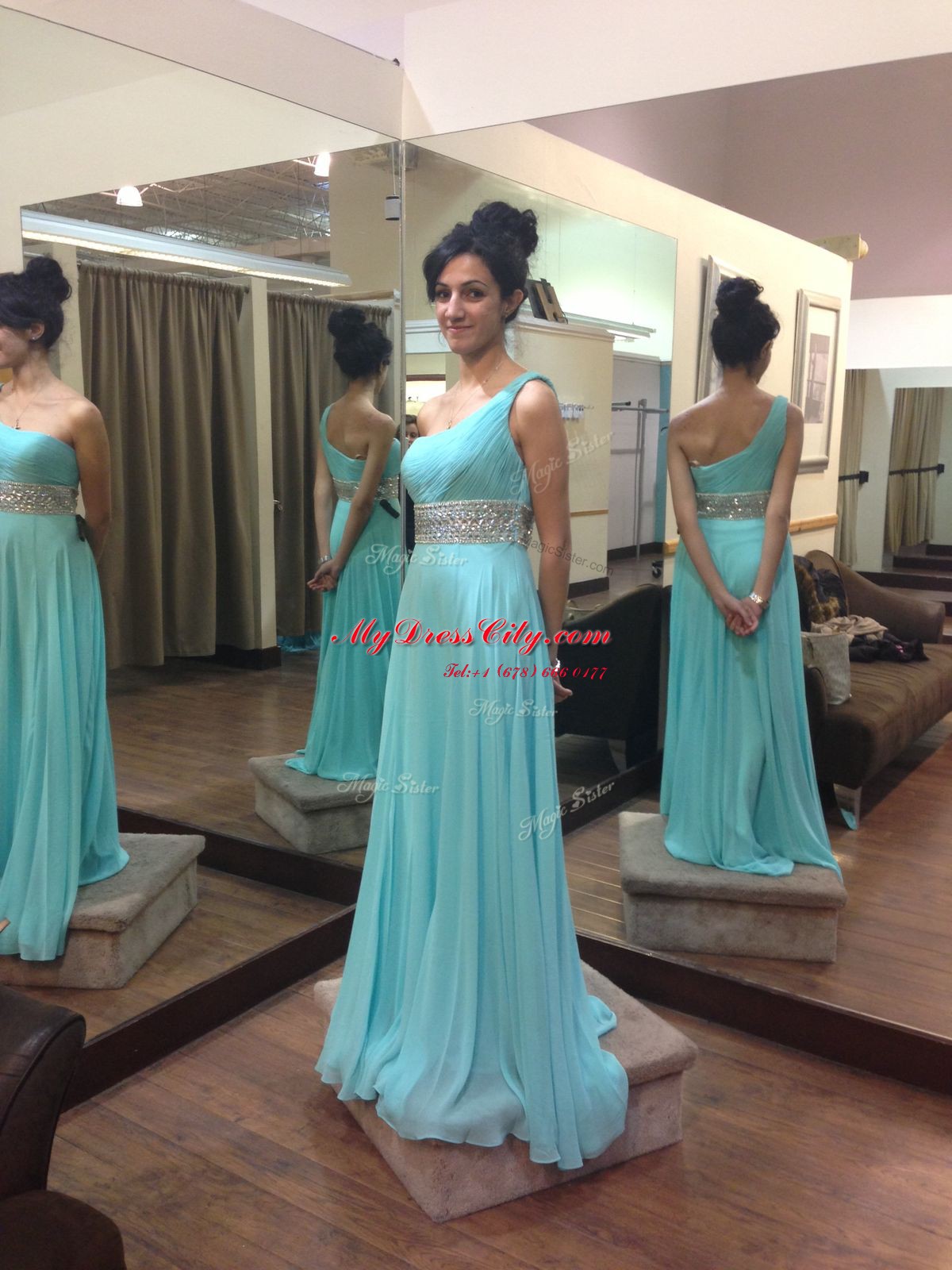 One Shoulder Zipper Homecoming Dress Baby Blue for Prom with Beading Sweep Train