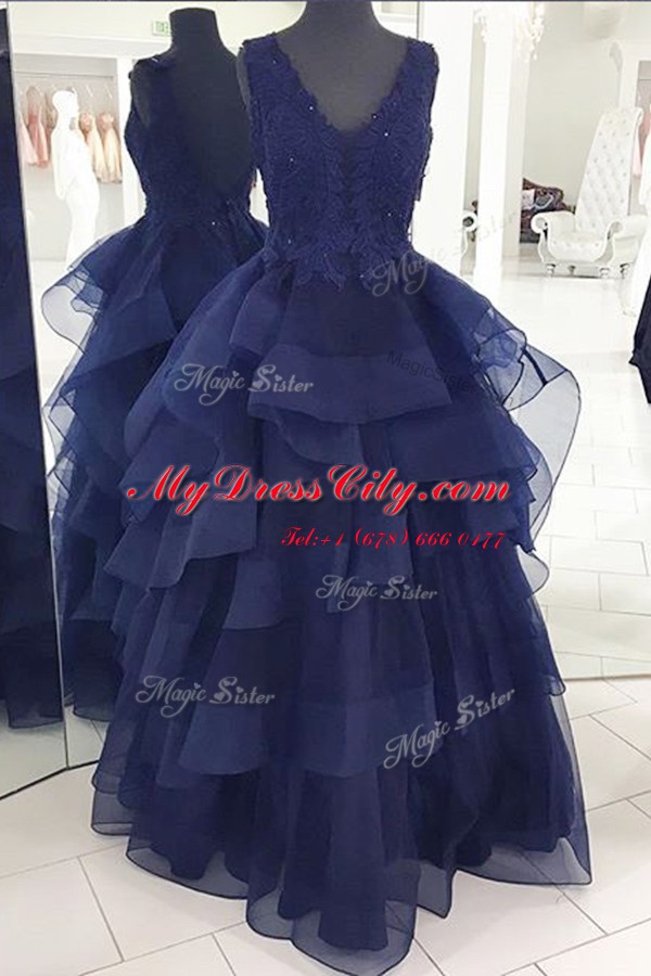 Navy Blue Sleeveless Organza Backless Pageant Dress for Womens for Prom