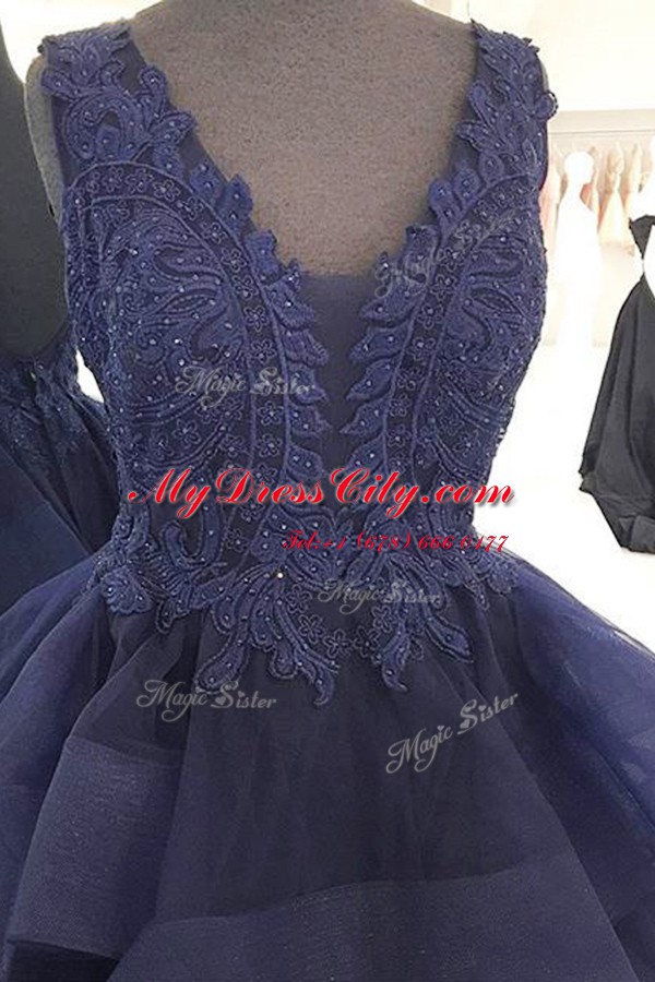 Navy Blue Sleeveless Organza Backless Pageant Dress for Womens for Prom