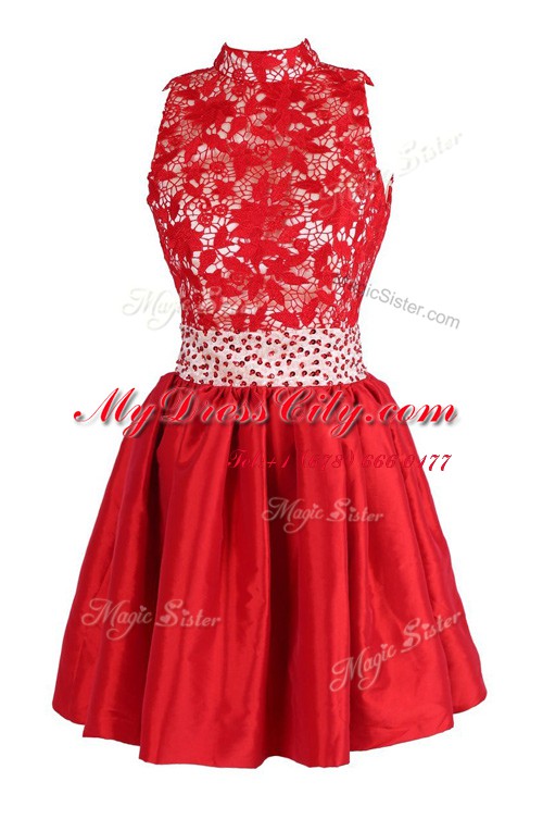 Glorious Red Satin Criss Cross Party Dresses Sleeveless Knee Length Beading and Lace