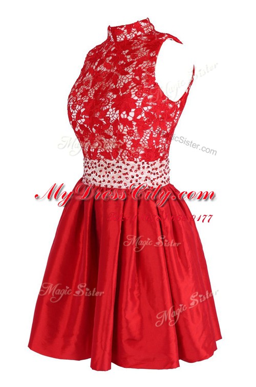 Glorious Red Satin Criss Cross Party Dresses Sleeveless Knee Length Beading and Lace