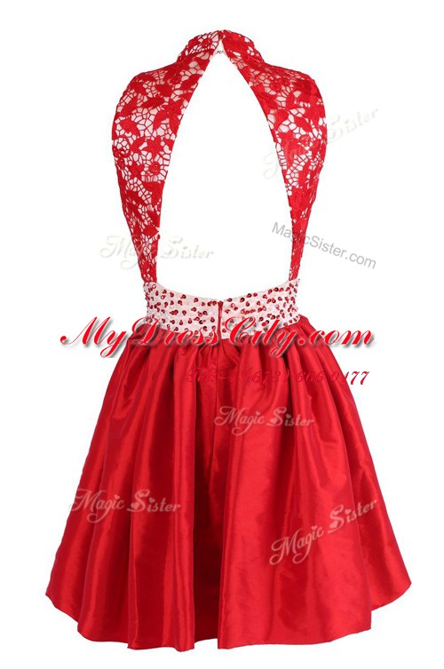 Glorious Red Satin Criss Cross Party Dresses Sleeveless Knee Length Beading and Lace