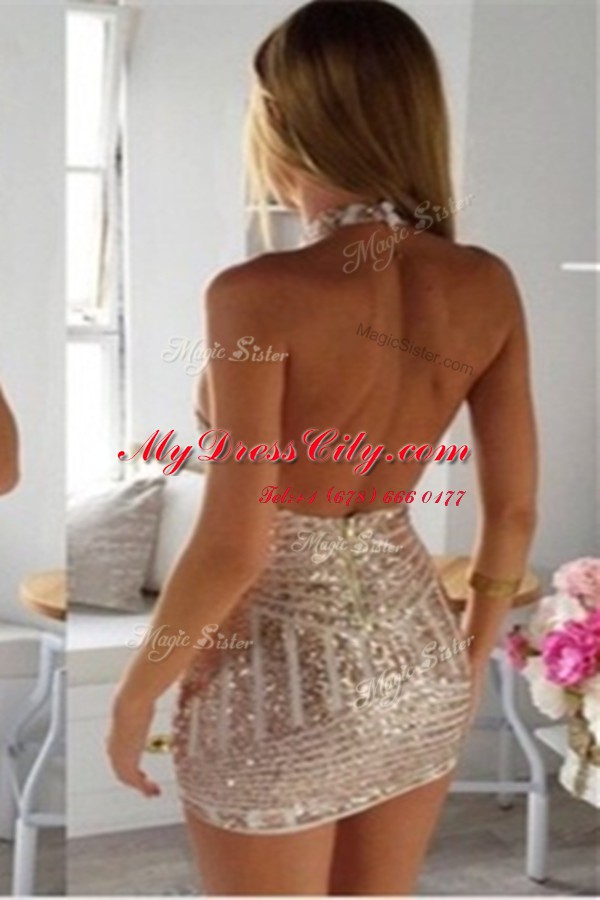 Champagne Tulle Zipper Halter Top Sleeveless Mini Length Homecoming Dress Ruching