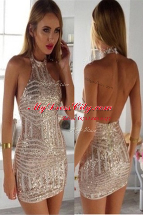 Champagne Tulle Zipper Halter Top Sleeveless Mini Length Homecoming Dress Ruching