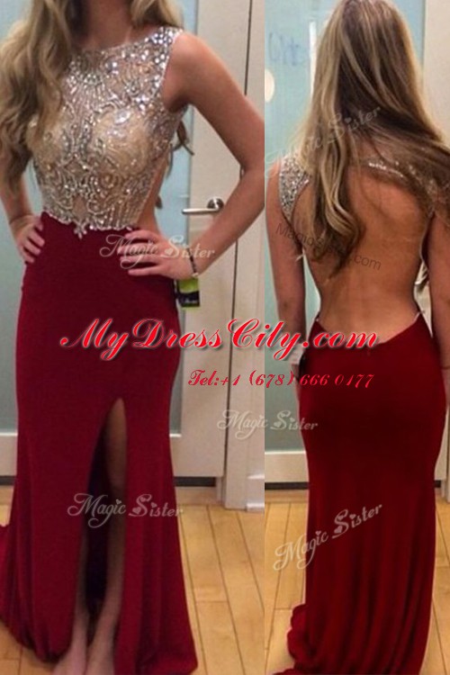 Hot Selling Burgundy A-line Chiffon Bateau Sleeveless Beading Backless Brush Train