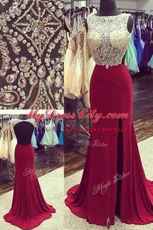 Hot Selling Burgundy A-line Chiffon Bateau Sleeveless Beading Backless Brush Train