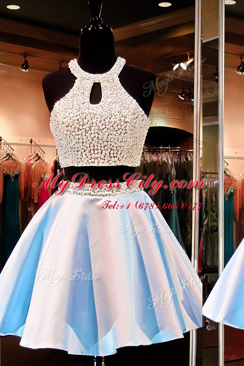 Low Price Scoop Blue Satin Zipper Prom Dress Sleeveless Mini Length Beading