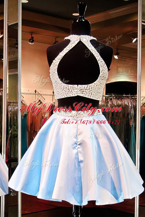 Low Price Scoop Blue Satin Zipper Prom Dress Sleeveless Mini Length Beading