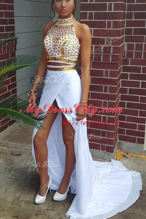 Vintage White Zipper Dress for Prom Beading Sleeveless With Train Sweep Train