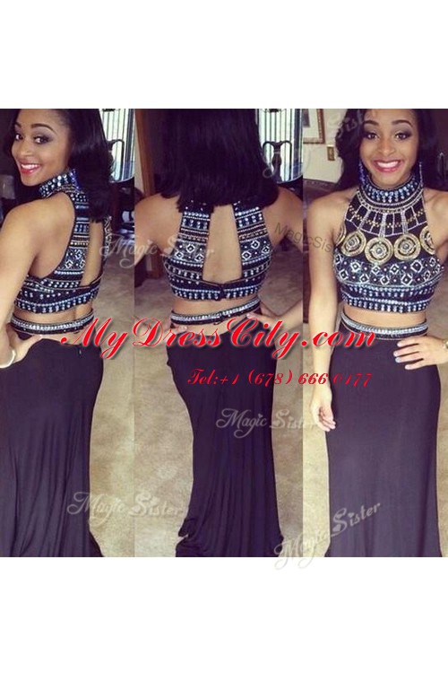 Low Price Black Dress for Prom Prom and Party and For with Beading and Appliques Halter Top Sleeveless Zipper