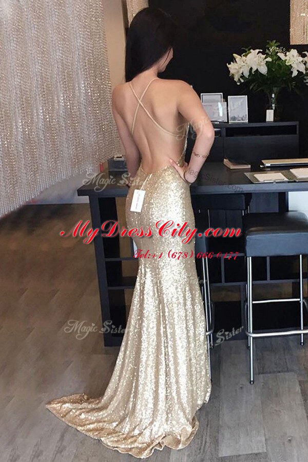 Mermaid Sequins Evening Outfits Gold Criss Cross Sleeveless Sweep Train