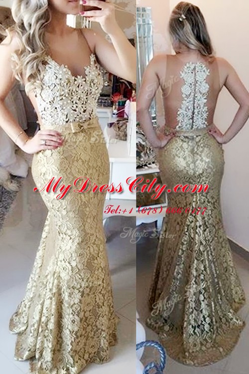 Best Selling Mermaid Gold Sleeveless Lace Brush Train Zipper Prom Dress for Prom and Party