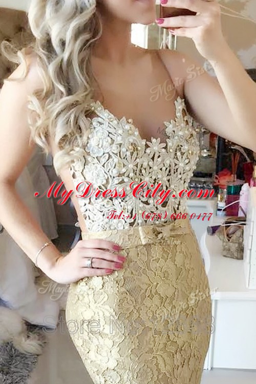 Best Selling Mermaid Gold Sleeveless Lace Brush Train Zipper Prom Dress for Prom and Party