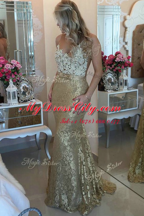 Best Selling Mermaid Gold Sleeveless Lace Brush Train Zipper Prom Dress for Prom and Party