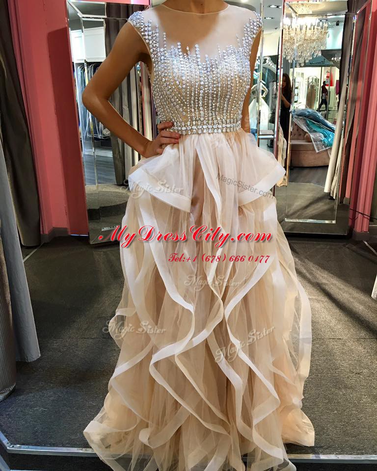 Sumptuous Champagne A-line Scoop Sleeveless Tulle Floor Length Zipper Beading and Ruffles Winning Pageant Gowns