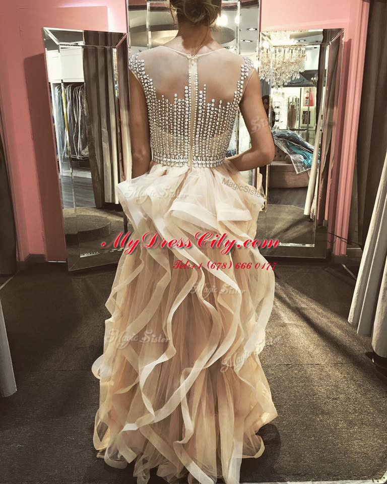 Sumptuous Champagne A-line Scoop Sleeveless Tulle Floor Length Zipper Beading and Ruffles Winning Pageant Gowns