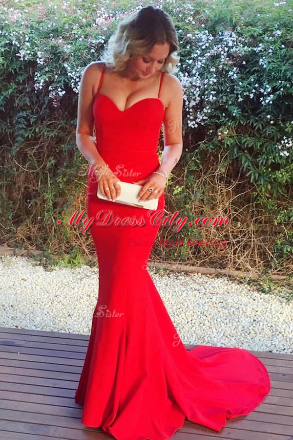 Comfortable Mermaid Sleeveless With Train Ruching Zipper Prom Gown with Red Sweep Train