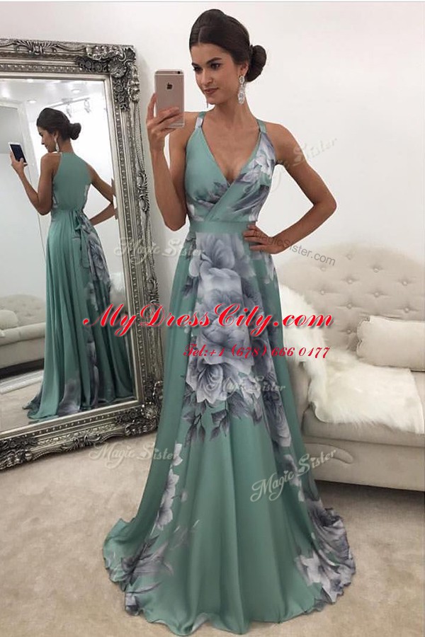 Printed Green V-neck Zipper Pattern Homecoming Dress Sweep Train Sleeveless