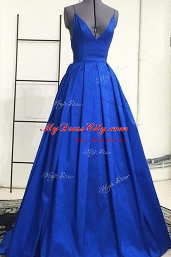 Ruching Prom Party Dress Royal Blue Criss Cross Sleeveless Sweep Train