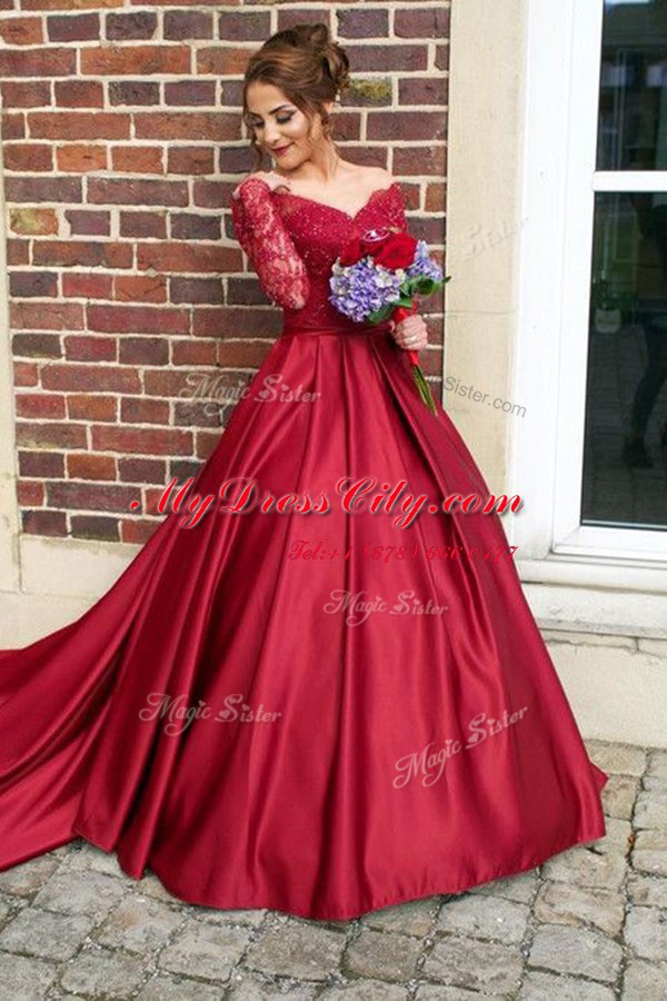 Chic Off the Shoulder Long Sleeves With Train Appliques Zipper Prom Party Dress with Burgundy Sweep Train