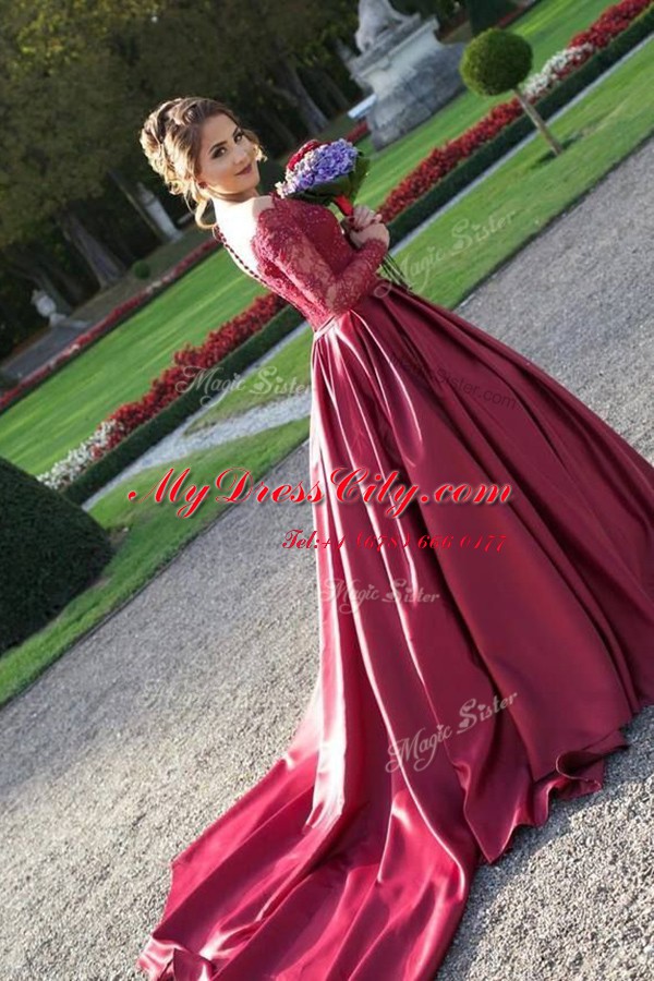 Chic Off the Shoulder Long Sleeves With Train Appliques Zipper Prom Party Dress with Burgundy Sweep Train