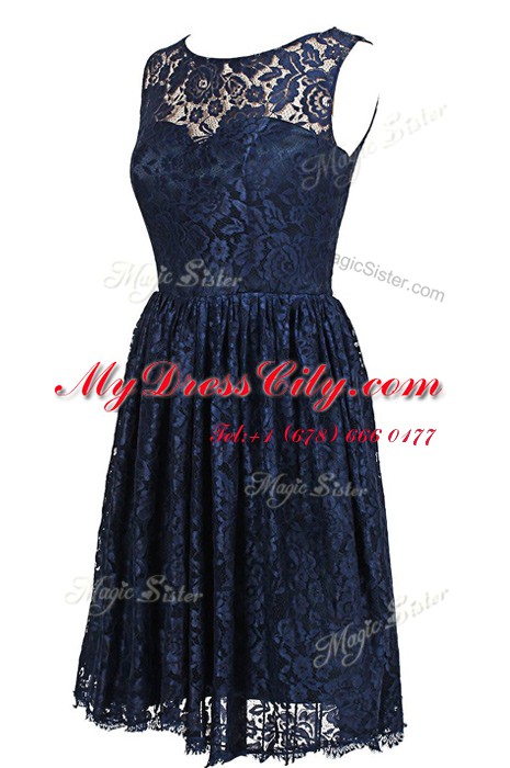 Lace Navy Blue Scoop Zipper Hand Made Flower Prom Gown Sleeveless