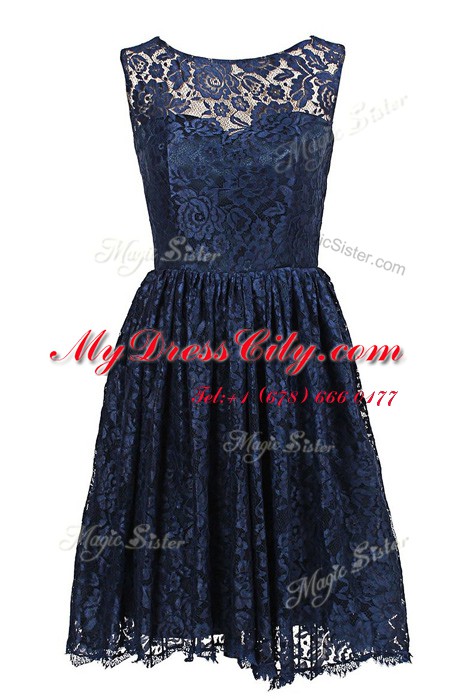 Lace Navy Blue Scoop Zipper Hand Made Flower Prom Gown Sleeveless