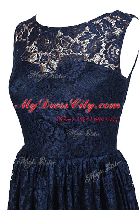 Lace Navy Blue Scoop Zipper Hand Made Flower Prom Gown Sleeveless