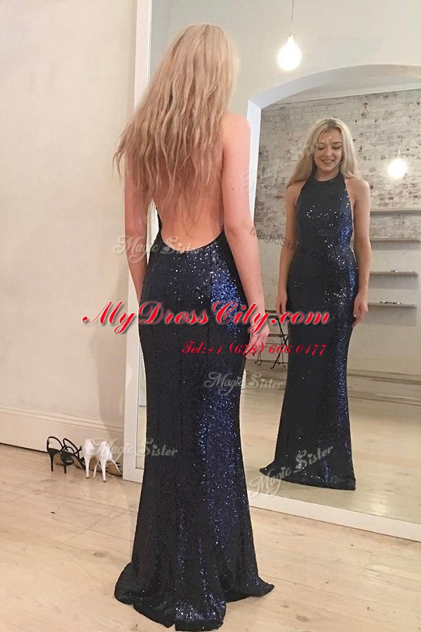 Hot Selling Mermaid Navy Blue Backless Scoop Sequins Homecoming Dress Sequined Sleeveless