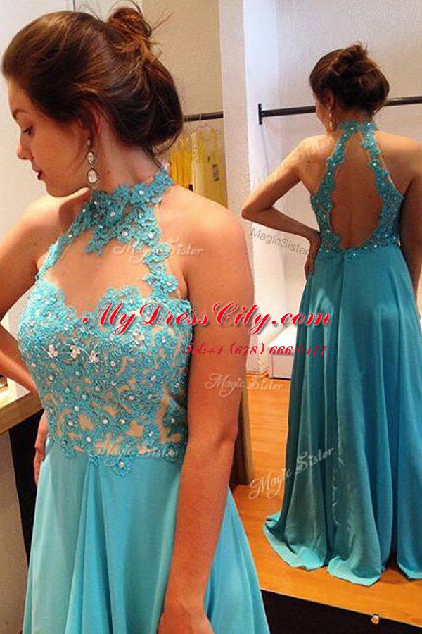 Scoop Sleeveless Dress for Prom Sweep Train Beading and Appliques Blue Chiffon