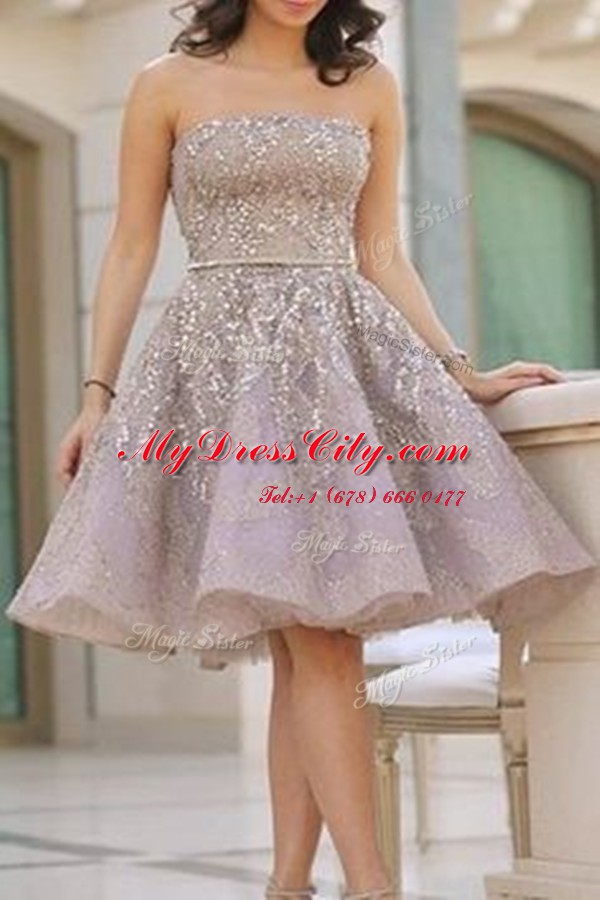 Grey Strapless Backless Belt Prom Evening Gown Sleeveless