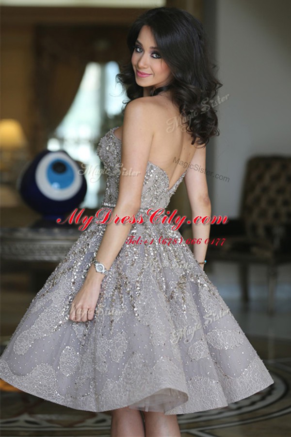 Grey Strapless Backless Belt Prom Evening Gown Sleeveless