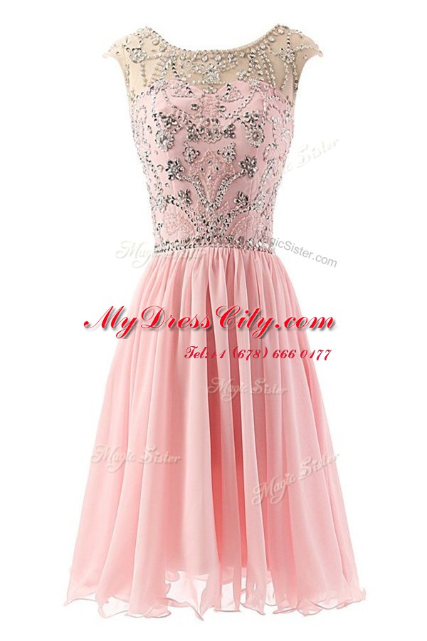 Elegant Scoop Tea Length Pink Prom Party Dress Chiffon Sleeveless Beading