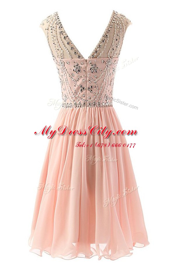 Elegant Scoop Tea Length Pink Prom Party Dress Chiffon Sleeveless Beading