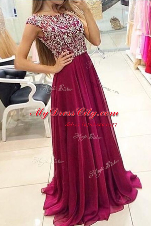 Delicate Bateau Cap Sleeves Chiffon Prom Dress Beading Sweep Train Zipper