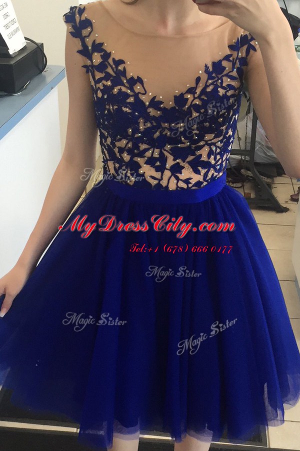 Royal Blue A-line Bateau Cap Sleeves Tulle Mini Length Zipper Beading Prom Gown