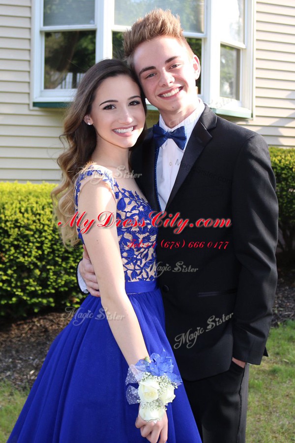 Royal Blue A-line Bateau Cap Sleeves Tulle Mini Length Zipper Beading Prom Gown