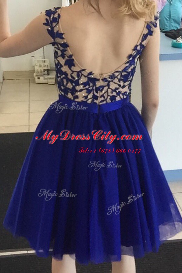 Royal Blue A-line Bateau Cap Sleeves Tulle Mini Length Zipper Beading Prom Gown