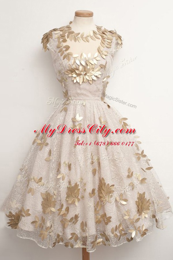 Appliques Dress for Prom Champagne Zipper Cap Sleeves Tea Length