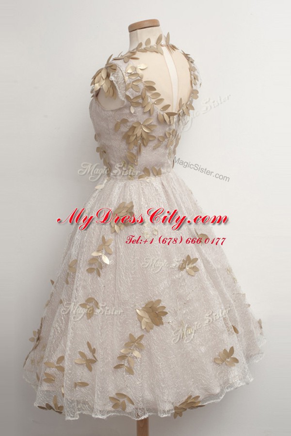 Appliques Dress for Prom Champagne Zipper Cap Sleeves Tea Length