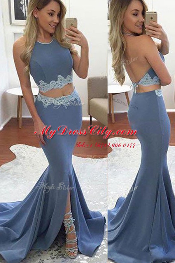 Halter Top Blue Mermaid Lace Dress for Prom Backless Elastic Woven Satin Sleeveless