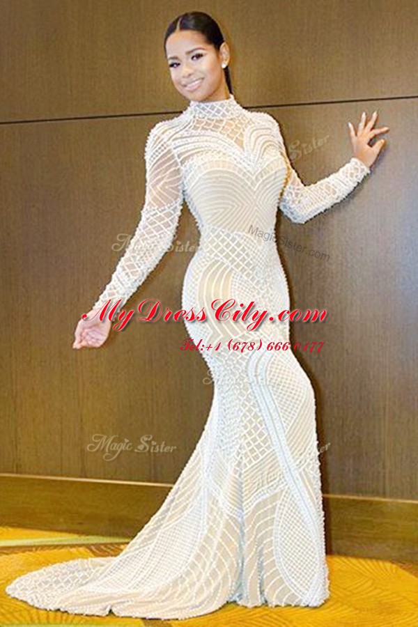 Hot Selling White Mermaid High-neck Long Sleeves Tulle Sweep Train Backless Beading Prom Dress