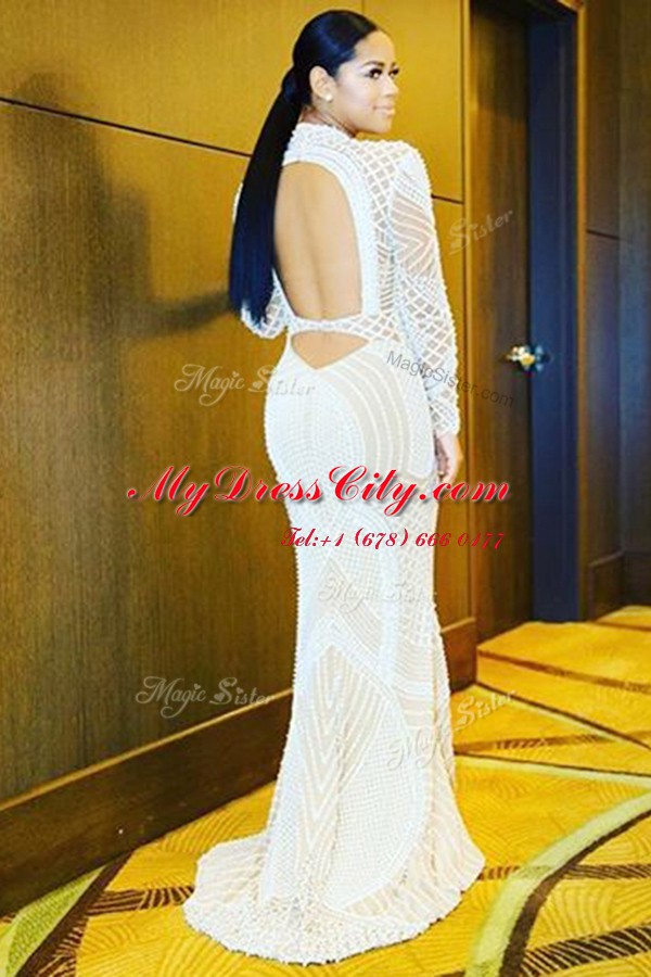 Hot Selling White Mermaid High-neck Long Sleeves Tulle Sweep Train Backless Beading Prom Dress