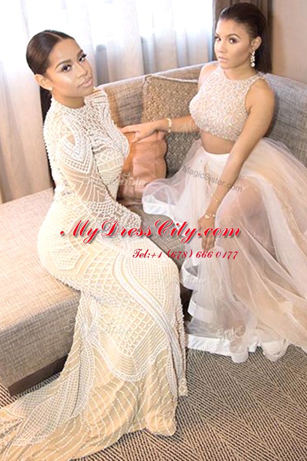 Hot Selling White Mermaid High-neck Long Sleeves Tulle Sweep Train Backless Beading Prom Dress