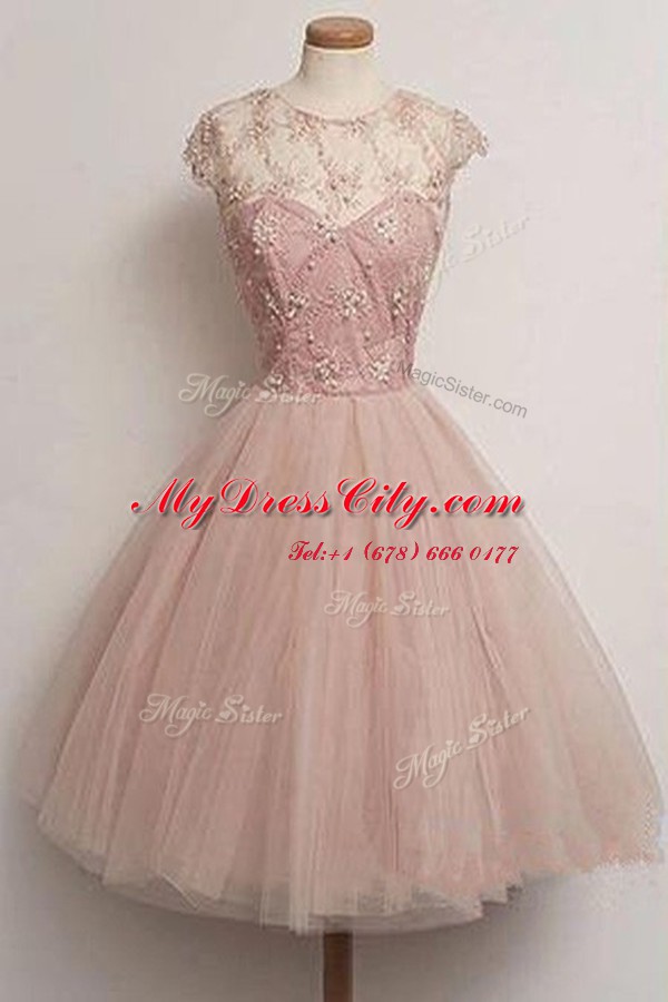 Knee Length Pink Homecoming Dress Scoop Cap Sleeves Zipper